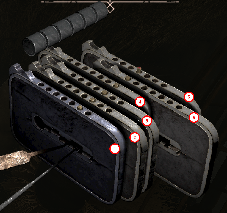 Example Gothic 1 Remake chest lock with 6 numbered lock rows