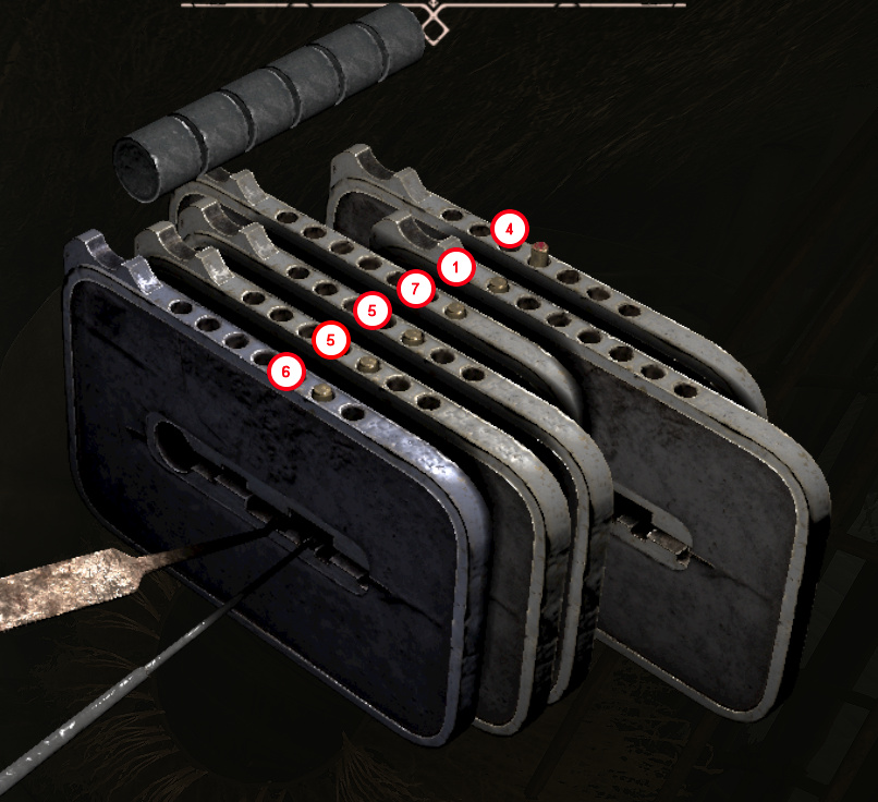 Example Gothic 1 Remake chest lock showing pin positions for a 6-row lock