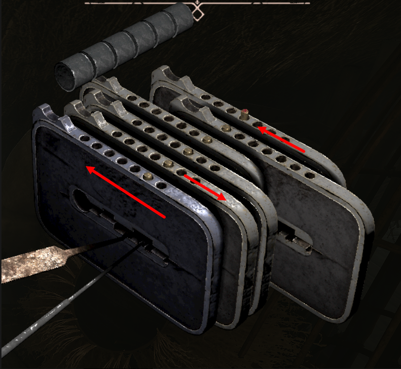 Example Gothic 1 Remake chest lock showing row movement when Row 1 is pushed left